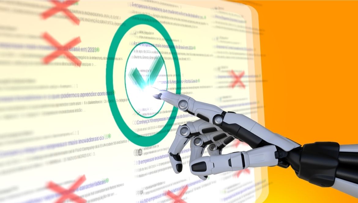 SEO agora é com IA. Na imagem, uma mão de robô fazendo uma pesquisa na internet