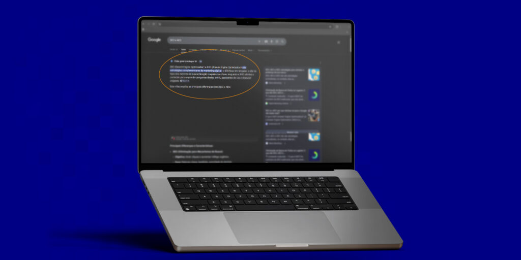 Notebook exibindo a página de resultados de busca do Google em modo escuro. Um círculo laranja destaca o recurso 'Visão geral criada por IA' no topo da página, que mostra um resumo gerado por inteligência artificial com as diferenças entre SEO e AEO