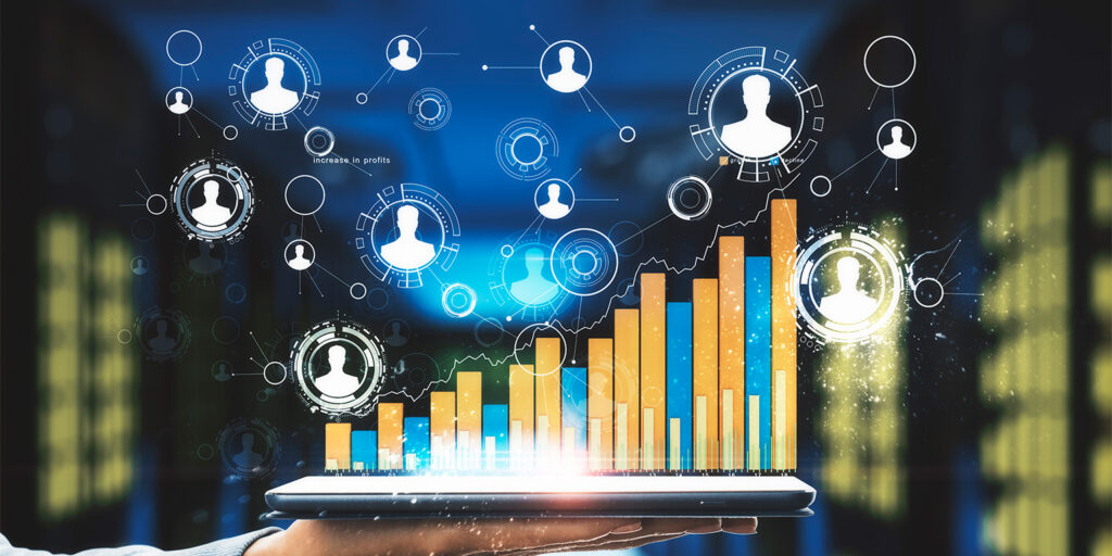Tablet com gráfico de crescimento e rede de usuários conectados, em data center. Foco em lucros e dados de rede, simbolizando o Digital Analytics.