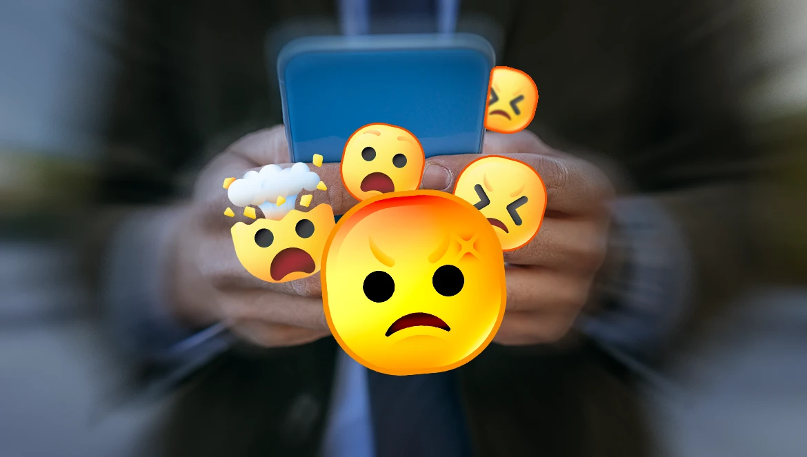 Emojis de preocupação saem do celular porque o ROAS caiu.