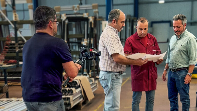 Bastidores de uma gravação de vídeo em uma fábrica: um operador utiliza um estabilizador de câmera (gimbal) para filmar trabalhadores discutindo projetos em papel, cercados por perfis de alumínio e maquinário.