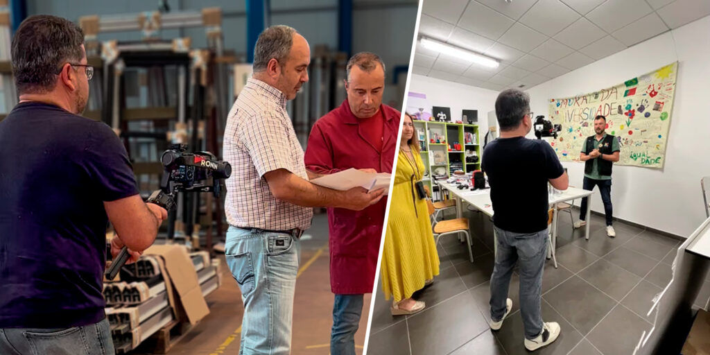 Colagem de duas fotos mostrando os bastidores da produção do vídeo institucional: uma gravação em uma fábrica e outra em uma sala de aula com um mural sobre diversidade
