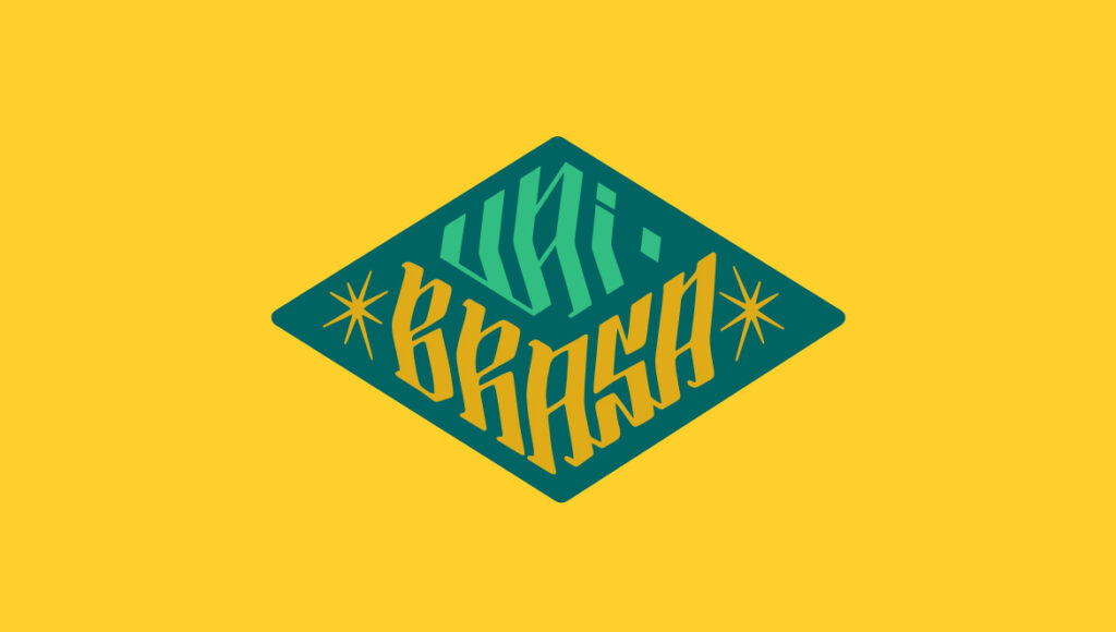 Ilustração do selo interno da campanha da camisa da Seleção Brasileira. Apresenta um losango verde escuro com a inscrição 'VAI BRASA' em letras geométricas estilizadas nas cores verde e amarelo, posicionado sobre um fundo amarelo.