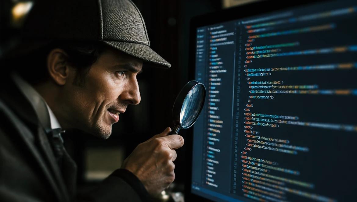 Investigador olha para os dados na tela com uma lupa. Ele busca descobrir se o problema do tráfego foi causado pelo site.
