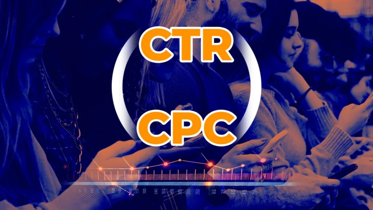 Pessoas ao fundo olhando para o celular e texto a frente (CTR e CPC) simbolizando o CPL alto
