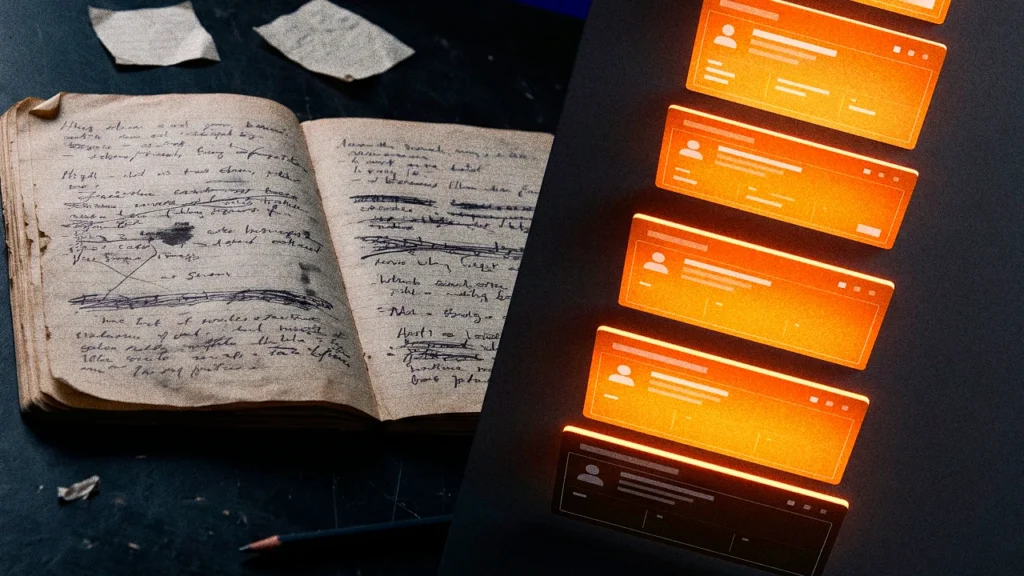 Comparação lado a lado: à esquerda, um caderno de anotações manuscrito e desbotado sobre uma mesa escura; à direita, uma fila ordenada de fichas iluminadas em laranja.