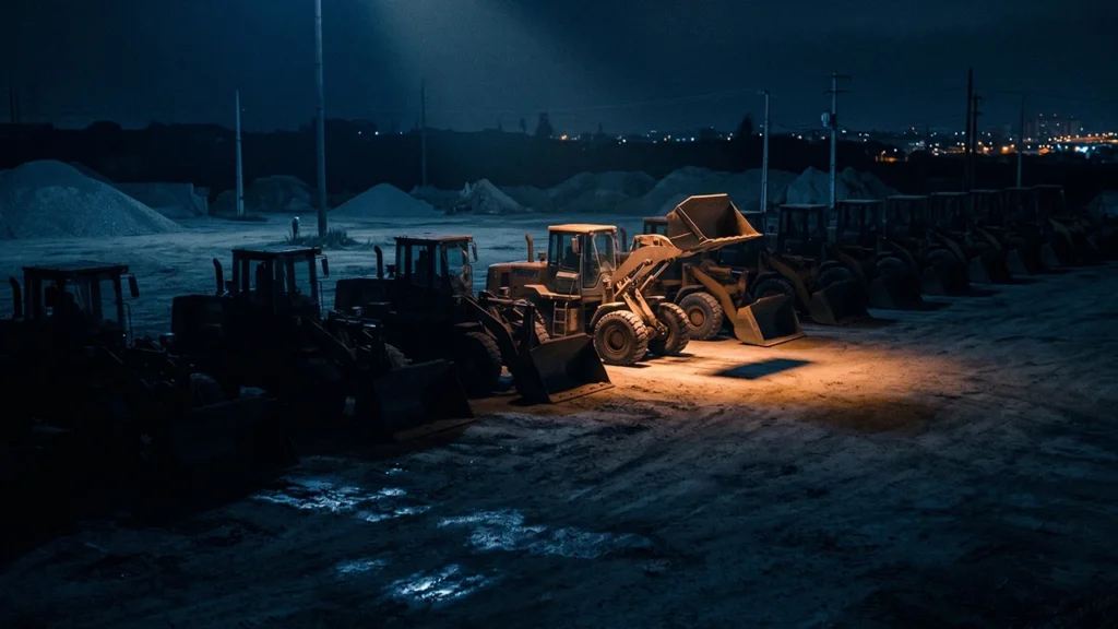 Fila de máquinas pesadas estacionadas à noite em um pátio de obras escuro. Um holofote destaca a máquina central com uma luz laranja, contrastando fortemente com os tons azuis do ambiente.